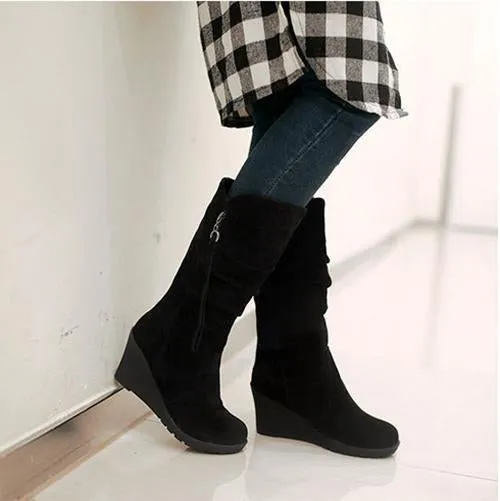 Wedge Zipper Tassels Mid Calf Boots Adidas Athletic Shoe