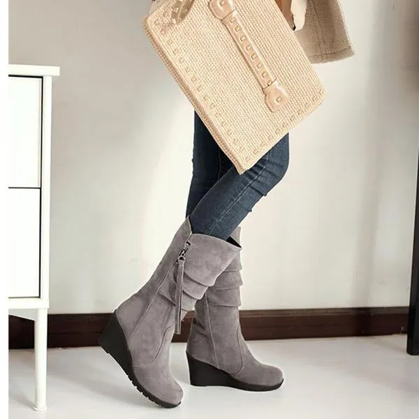 Adidas Shoes Outlet Wedge Zipper Tassels Mid Calf Boots