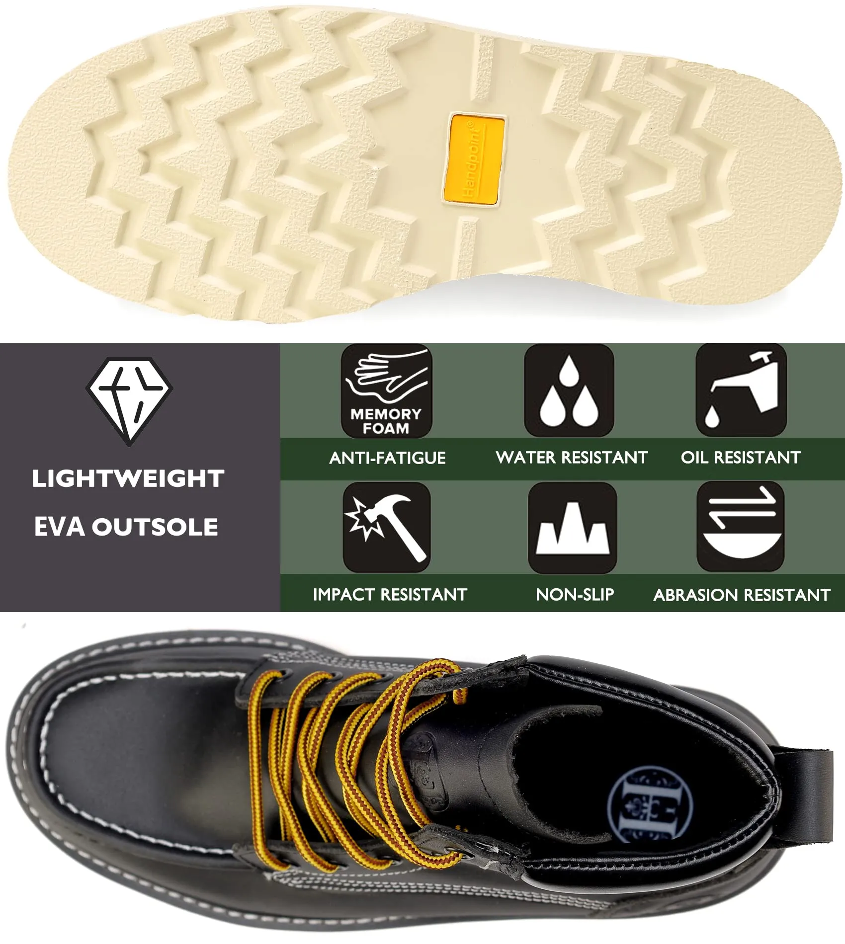 3e Work Boots HVB 304 Men's 6" Soft Toe Non-Slip Water Resistant for Construction with Durable Rubber EVA Outsole Work Boots