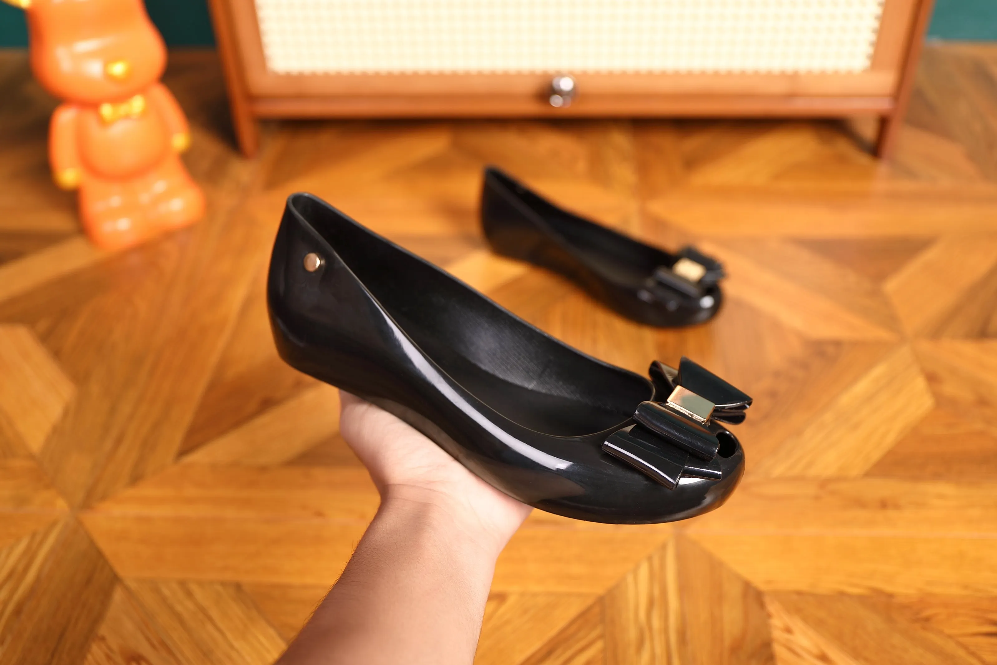 Flat Interview Shoes Women Flat Jelly Ballet Slip-On Peep Toe Shoes Sandal BG-552 BLACK