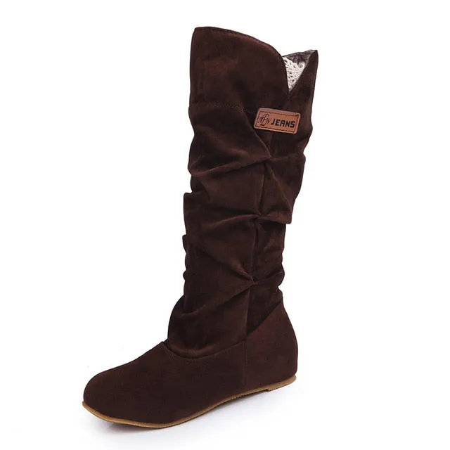 Baby Snow Boots Size 4 Women Fur Knee High Boots Fashion Flock Plush Padded Winter Snow Boots Casual Flat Heels Lace Warm Black Brown Long Boots Ladies