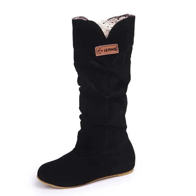 Women Fur Knee High Boots Fashion Flock Plush Padded Winter Snow Boots Casual Flat Heels Lace Warm Black Brown Long Boots Ladies Free People Snow Boots