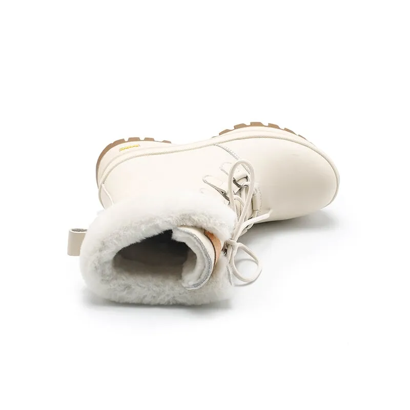 Women Leather Chunky Boots With Shearling Lined in Apricot/Beige Good Boots To Wear In Snow