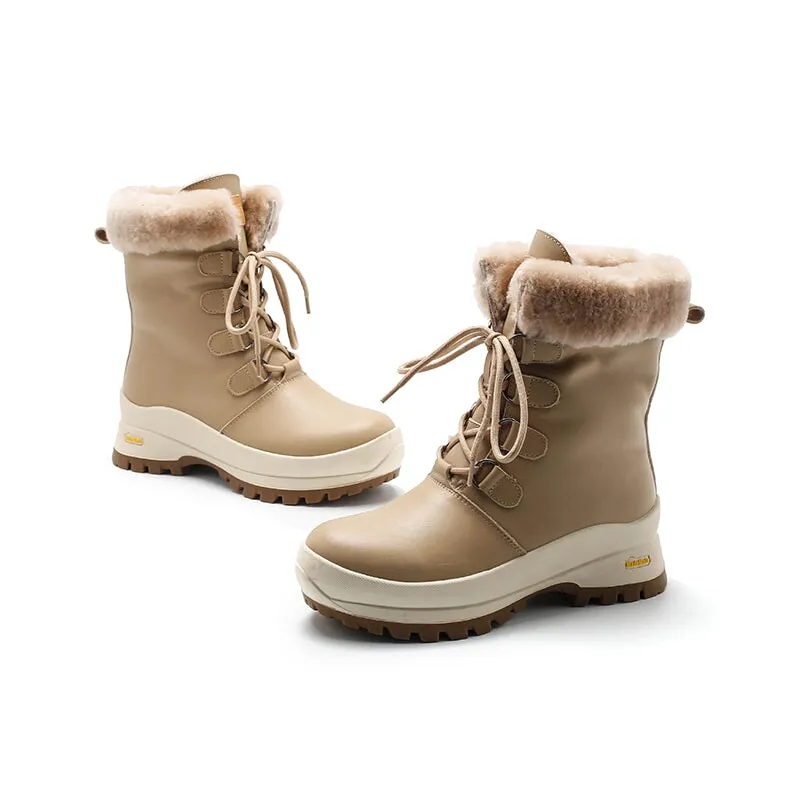 Vans Mid Snow Boots Women Leather Chunky Boots With Shearling Lined in Apricot/Beige