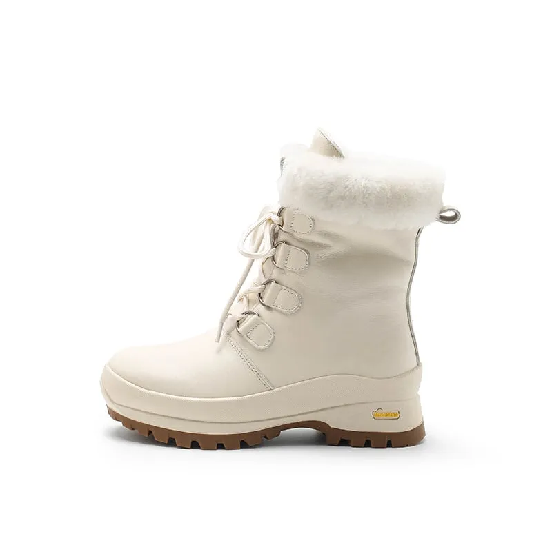 Women Leather Chunky Boots With Shearling Lined in Apricot/Beige Snow Hiker Boots