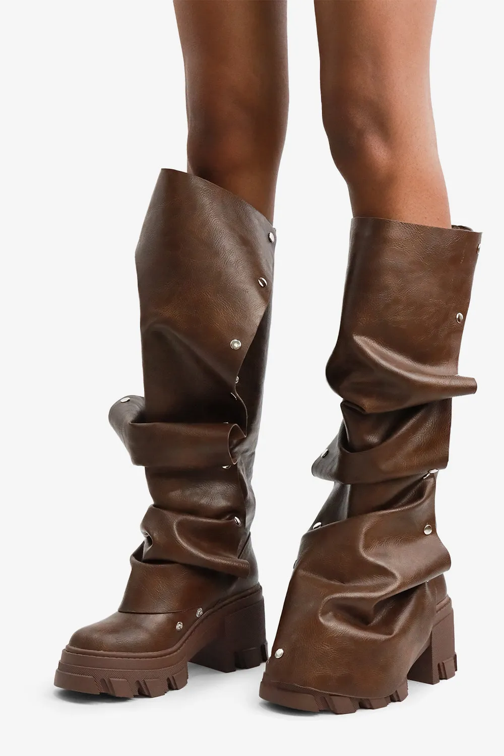 Women Mid Calf Snap Button Platform Slouchy Boots Water Proof Boots