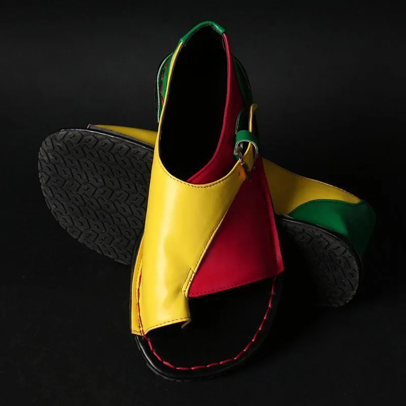 Women Retro Color Splicing Buckle Flip Flops Flat Sandals Flat Shoes And Knee Pain