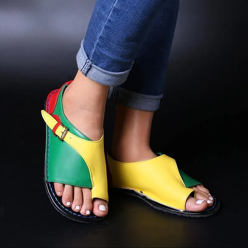 Women Retro Color Splicing Buckle Flip Flops Flat Sandals Comfy Flat Work Shoes