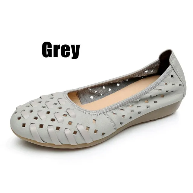 Alerai Loafers Women Shoes Sandals Flats Hollow Out Genuine Leather Slip On Loafers Casual Vintage