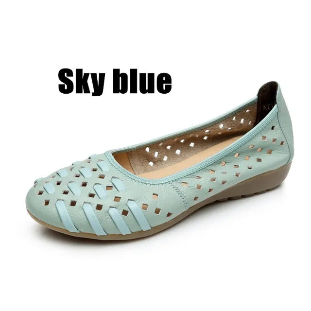 Women Shoes Sandals Flats Hollow Out Genuine Leather Slip On Loafers Casual Vintage Best Pants For Loafers