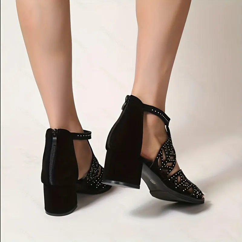 Women's Black Formal Open Toe Shoes With Strappy Back Cheap Dress Shoes