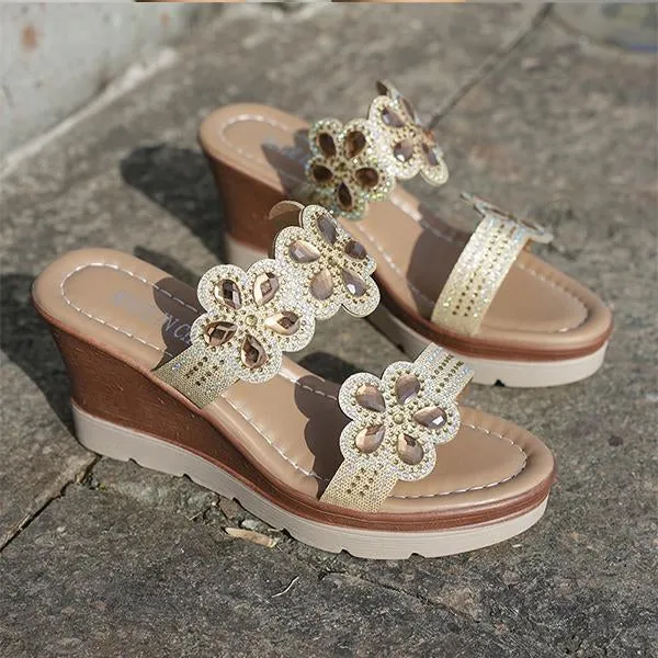 Nuke Slippers Women's Casual Flower Rhinestone Wedge Slippers 82990380S