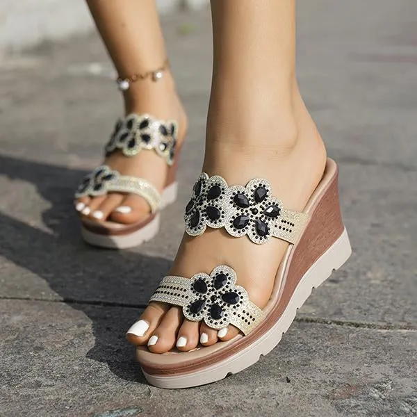 Real Glass Slippers To Wear Women's Casual Flower Rhinestone Wedge Slippers 82990380S