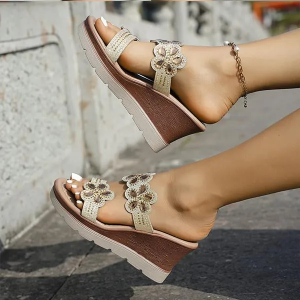 Sports Slippers Women's Casual Flower Rhinestone Wedge Slippers 82990380S