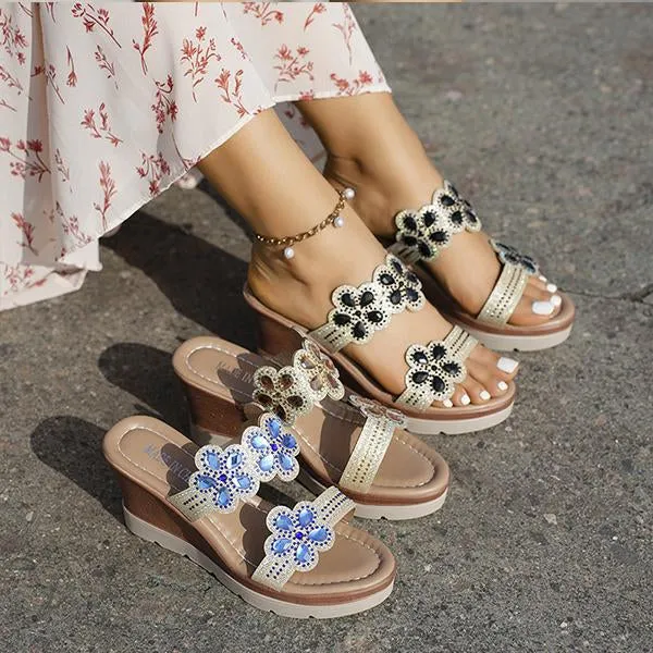 Warm Home Slippers Women's Casual Flower Rhinestone Wedge Slippers 82990380S