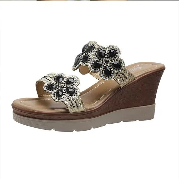 Women's Casual Flower Rhinestone Wedge Slippers 82990380S Nuknuuk Slippers
