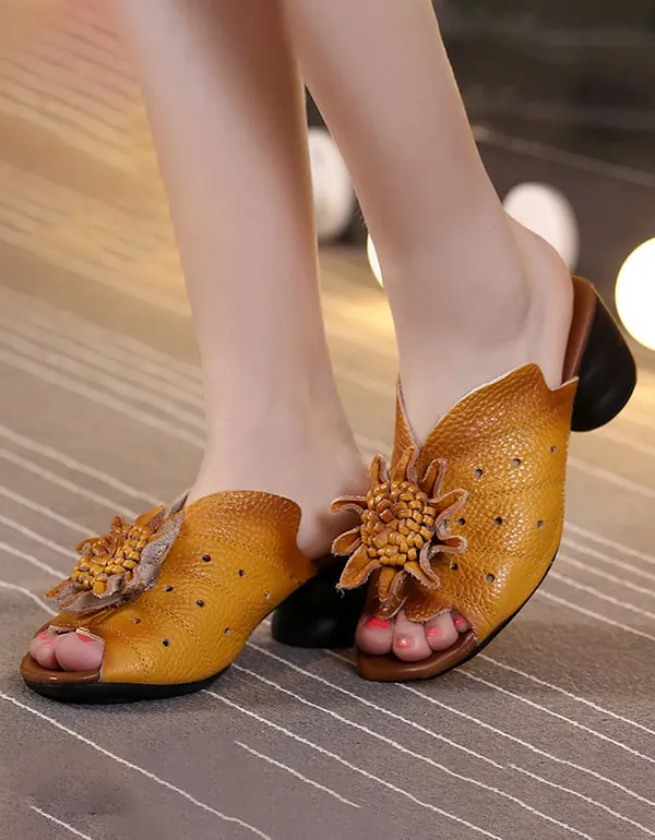 Black Slippers Women's Ethnic Style Flower Chunky Slippers