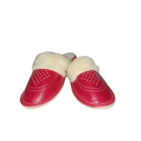 Dupes Slippers Women's Red Leather Slippers with Cream Fluffy Cuff | K-235