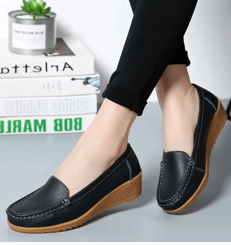 Women's Wedge Heel Shoes New Leather Slip On Loafers Casual Flats Sherpa Loafers