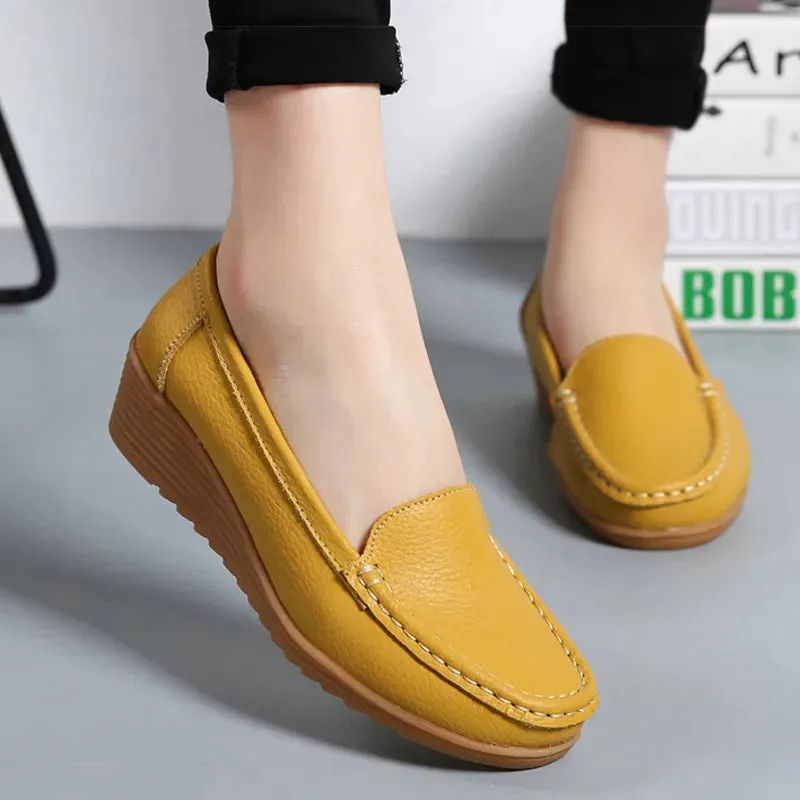 Women's Wedge Heel Shoes New Leather Slip On Loafers Casual Flats Car Loafers