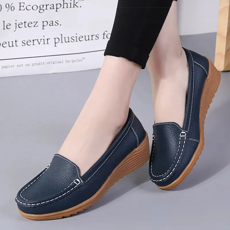 Spike Loafers Women's Wedge Heel Shoes New Leather Slip On Loafers Casual Flats