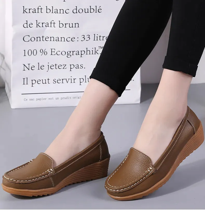 Women's Wedge Heel Shoes New Leather Slip On Loafers Casual Flats Leather Loafers With Buckle