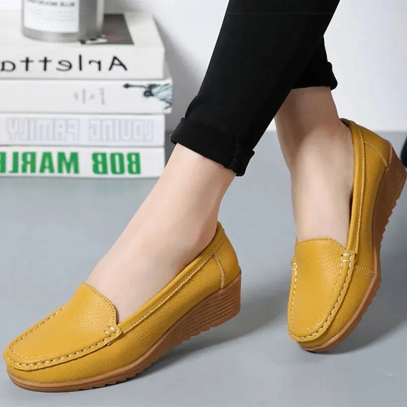 Women's Wedge Heel Shoes New Leather Slip On Loafers Casual Flats Vibram Sole Loafers