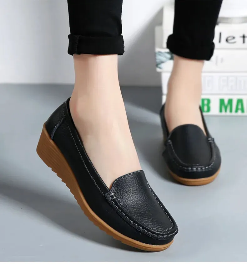 Loafers To Wear With Suit Women's Wedge Heel Shoes New Leather Slip On Loafers Casual Flats