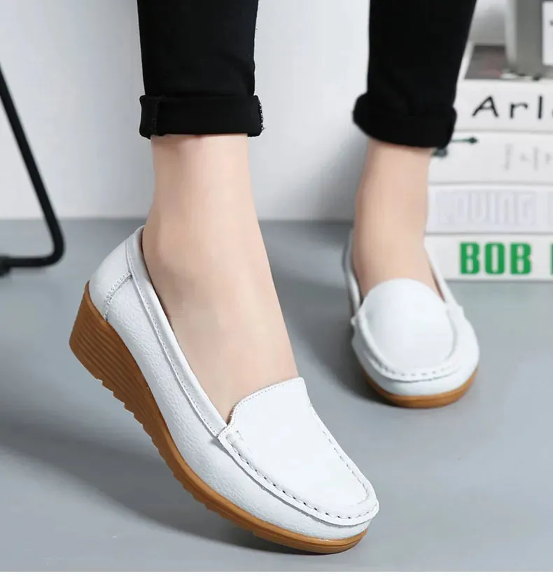 Women's Wedge Heel Shoes New Leather Slip On Loafers Casual Flats Loafers Hush