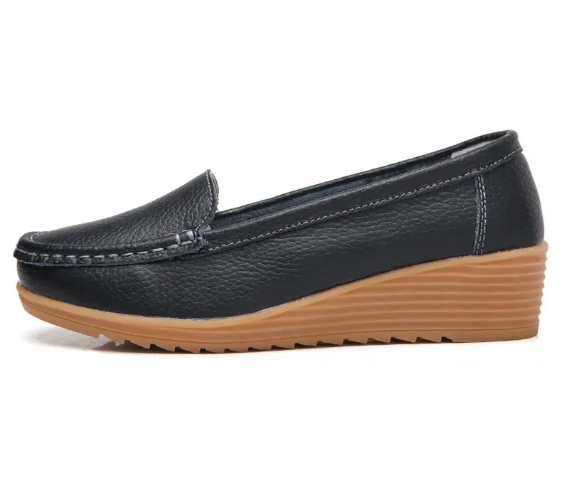 Neutral Loafers Women's Wedge Heel Shoes New Leather Slip On Loafers Casual Flats
