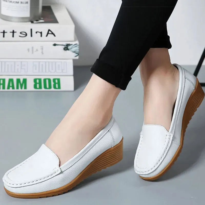 Loafers With Dress Women's Wedge Heel Shoes New Leather Slip On Loafers Casual Flats