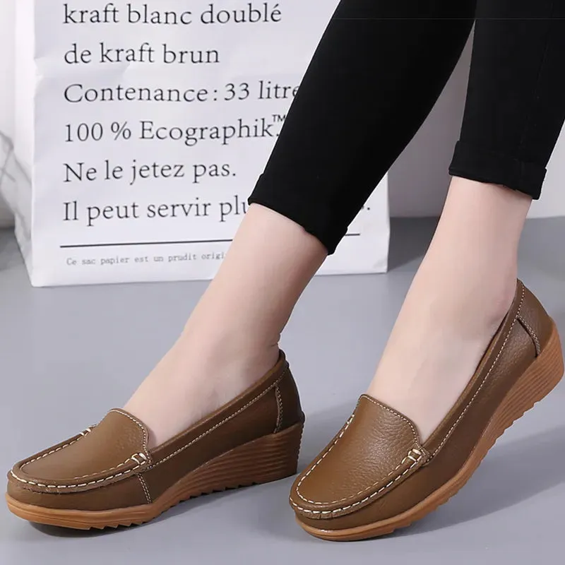 Loafers Glory Rafting Women's Wedge Heel Shoes New Leather Slip On Loafers Casual Flats