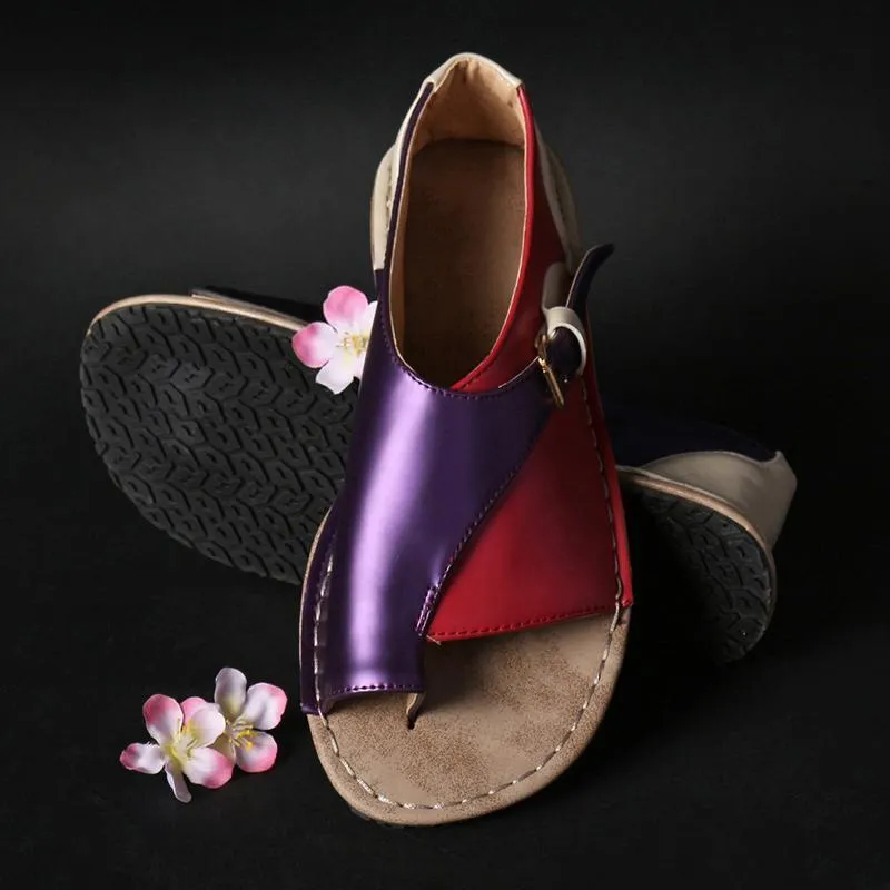 Flat Washable Shoes Women Retro Color Splicing Buckle Flip Flops Flat Sandals