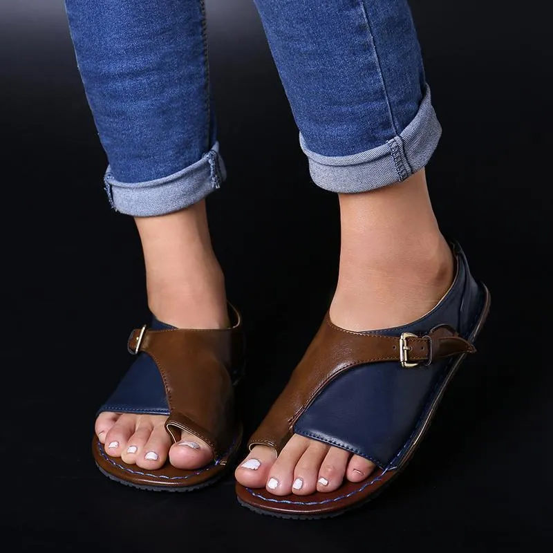 Women Retro Color Splicing Buckle Flip Flops Flat Sandals Flat Insole Shoes