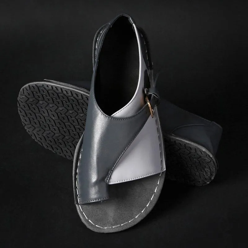 Women Retro Color Splicing Buckle Flip Flops Flat Sandals Tennis Shoes For Flat Feet