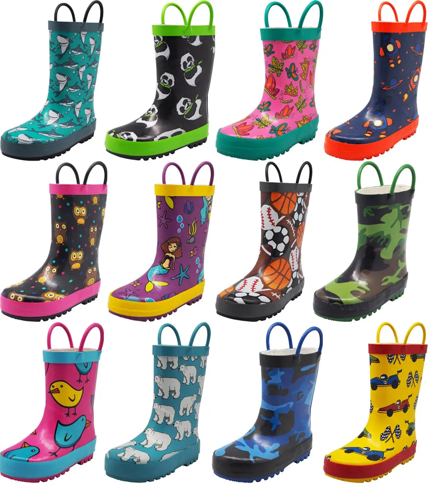 Norty Big Kids Boys Girls Waterproof Rubber Printed Rain Boots - 12 Patterns Corcoran Jump Boots