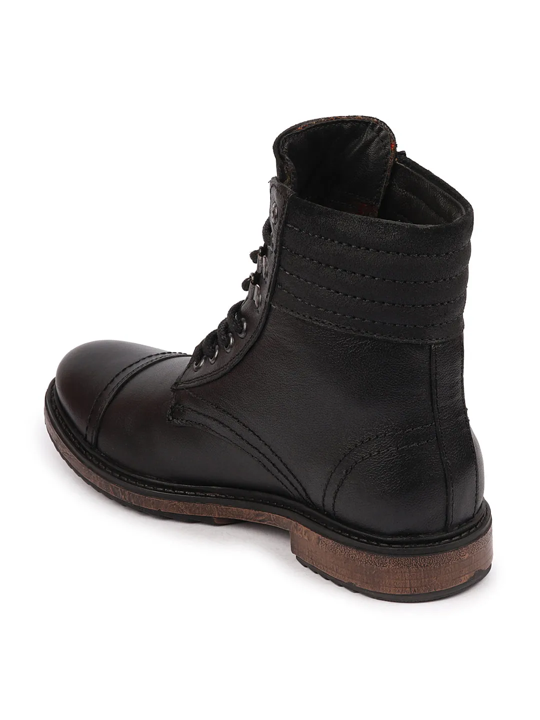 Men Black High Ankle Genuine Leather 8-Eye Lace Up Cap Toe Welted Sole Winter Biker Boots Ceramic Toe Work Boots
